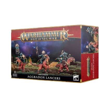 Warhammer Age of Sigmar Aggradon Lancers Seraphon Miniaturen Set mit 3 Reitern auf Echsen, bemalte Modelle und Boxart
