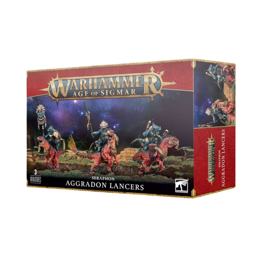 Warhammer Age of Sigmar Aggradon Lancers Seraphon Miniaturen Set mit 3 Reitern auf Echsen, bemalte Modelle und Boxart