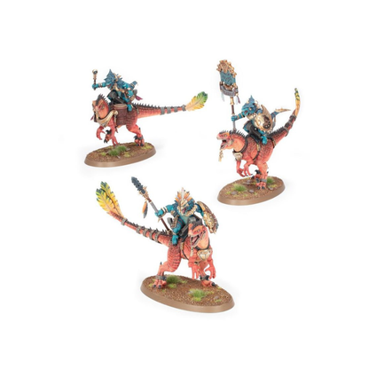 Warhammer Age of Sigmar Aggradon Lancers Seraphon Miniaturen Set mit 3 Reitern auf Echsen, bemalte Modelle und Boxart