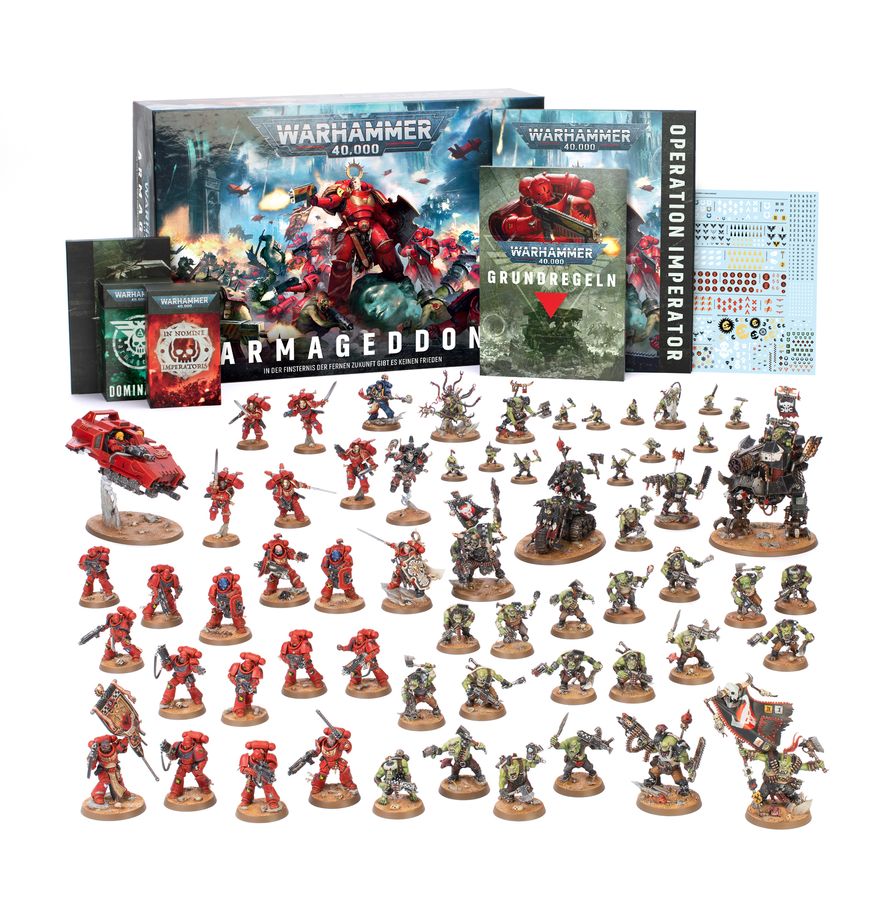 Warhammer 40.000 Armageddon mit Miniaturen, Regelbüchern, Fahrzeugen, Spielkarten und Zubehör für zwei Armeen