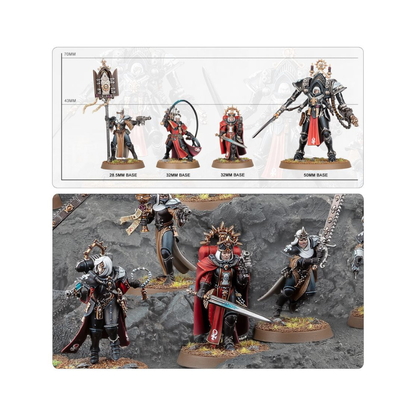 Warhammer 40k Adepta Sororitas Modelle Detailansicht mit Größenvergleich, Sisters of Battle Charaktere und Einheiten auf Bases
