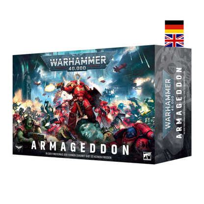 Warhammer 40.000 Armageddon Starterset mit Boxcover der Schlacht zwischen Space Marines und Orks im 41. Jahrtausend