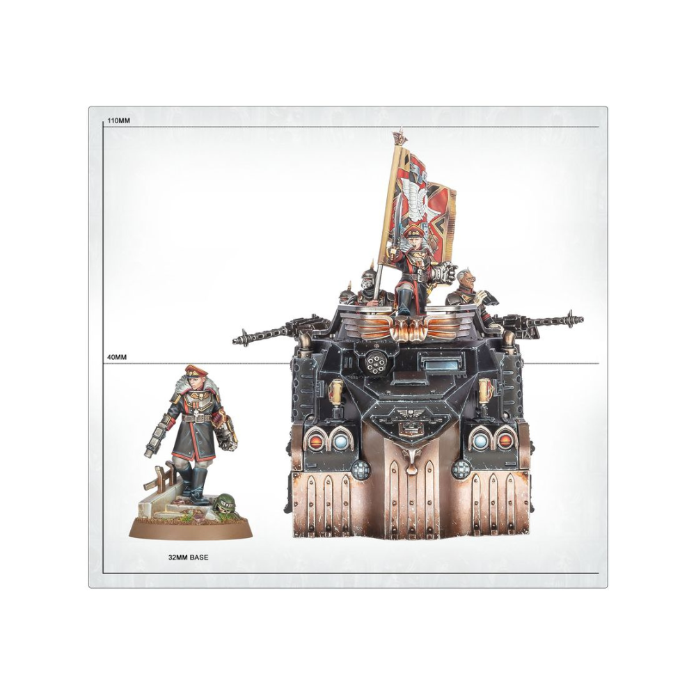 Warhammer 40k Commissar Graves Miniatur und Fahrzeug Größenvergleich mit Base Angaben, Tabletop Modellübersicht Games Workshop Deutschland