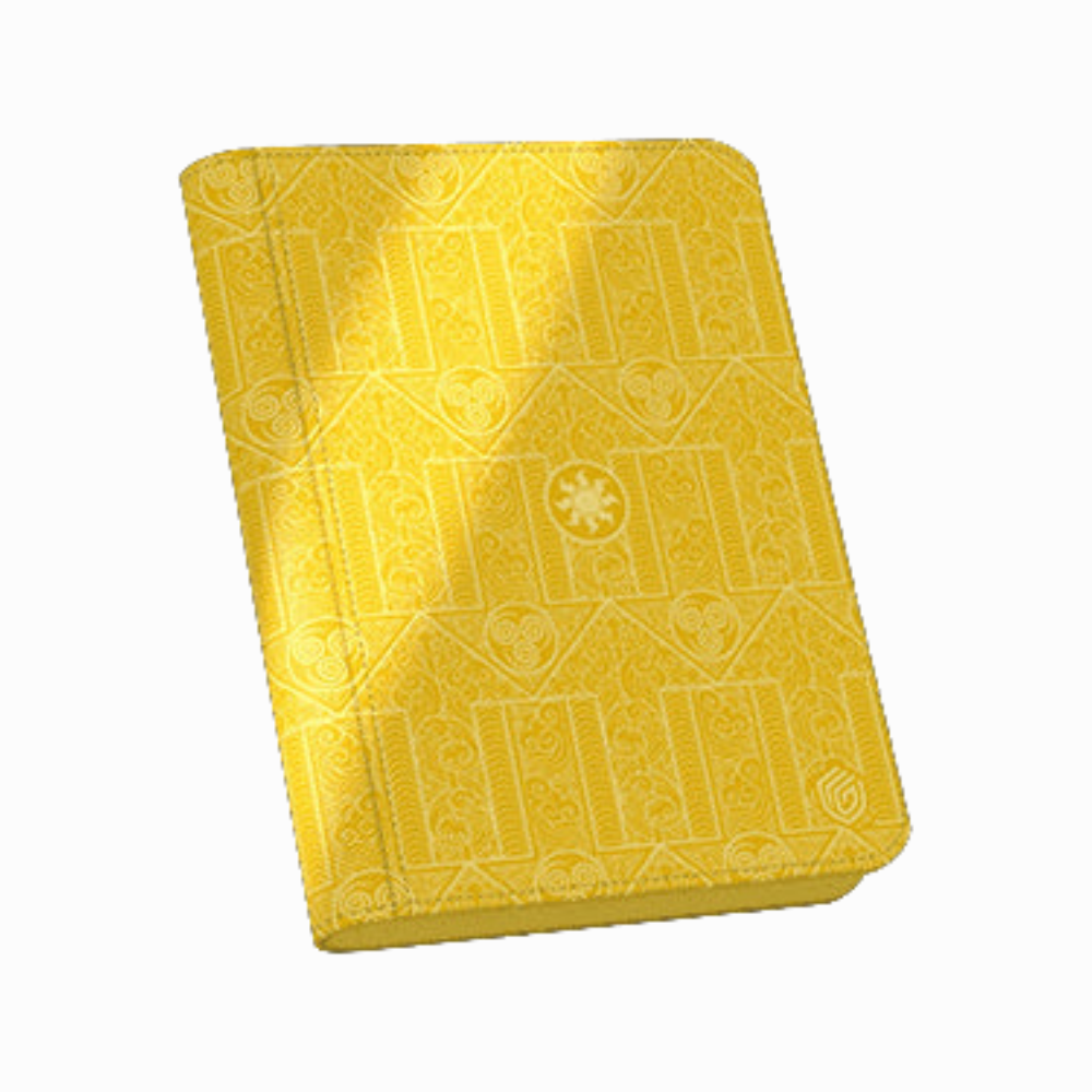 Ultimate Guard 4-Pocket Zipfolio „Avatar – White Mana“ in leuchtendem Gelb mit detailliertem Luftnomaden-Muster. Hochwertiger Ordner für Sammelkarten aus robustem Xenoskin-Material mit Reißverschluss – ideal für sichere Aufbewahrung und doppelt gesleevte Karten.