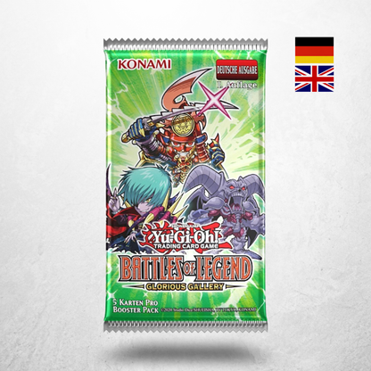 Yu-Gi-Oh! Battles of Legend: Glorious Gallery Booster auf deutsch oder englisch,  1. Auflage mit grünem Boosterdesign.