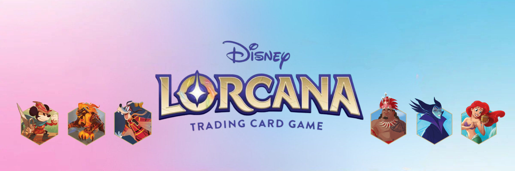 Disney Lorcana Banner mit beliebten Charakteren wie Micky Maus, Moana, Arielle und Malefiz – jetzt Sammelkarten entdecken.