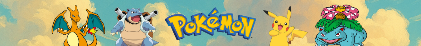 Pokemon Banner mit Glurak, Turtok, Pikachu und Bisaflor – sichere dir Booster und Einzelkarten.