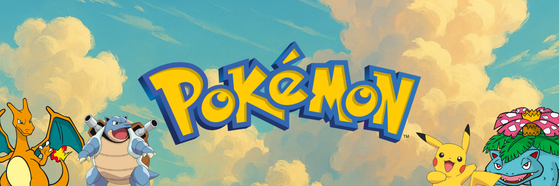 Pokemon Banner mit Glurak, Turtok, Pikachu und Bisaflor – sichere dir Booster und Einzelkarten.