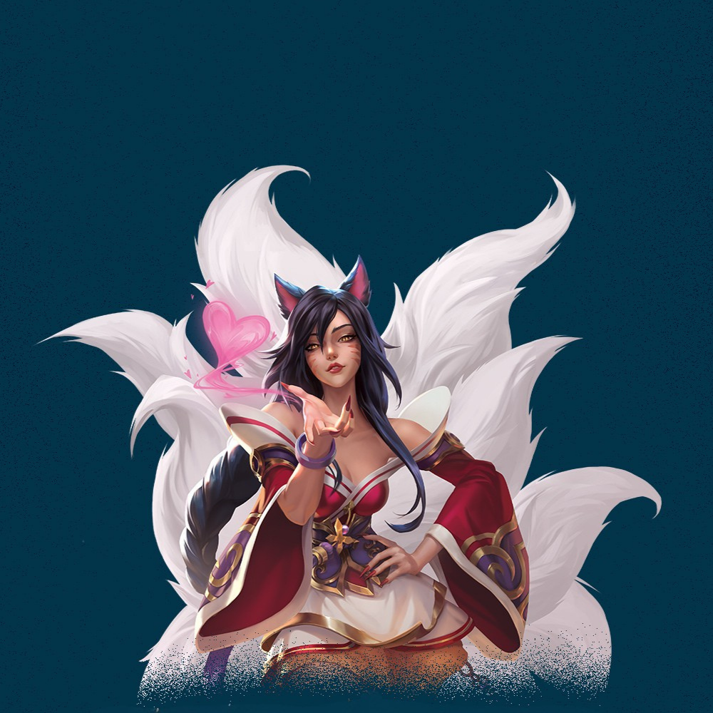 Ahri aus League of Legends mit neun Schweifen und Herzzauber – beliebtes Artwork für LoL Fans