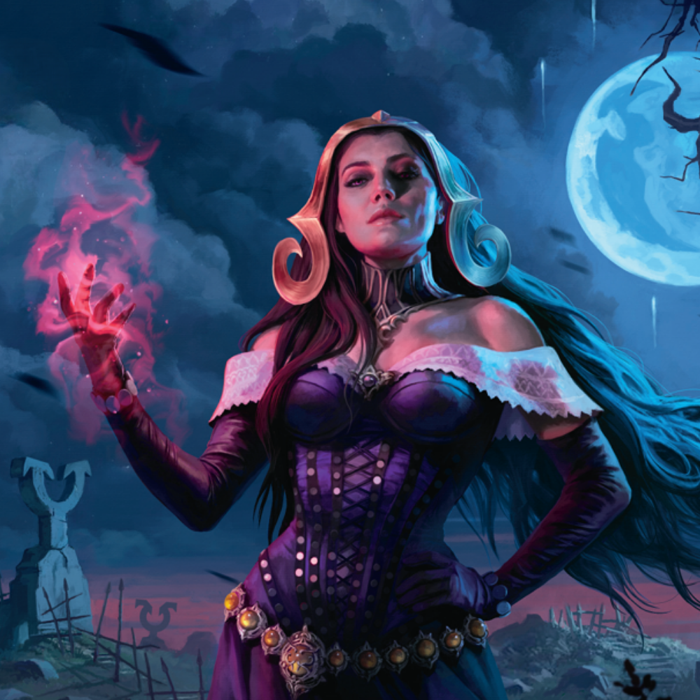 Liliana Vess mit magischer Aura auf Friedhof bei Vollmond – düstere Magic The Gathering Illustration