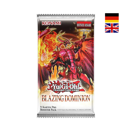 Yu-Gi-Oh Blazing Dominion Booster Pack 1. Auflage deutsch und englisch, Konami Sammelkartenpack mit feuerrotem Drachenmotiv