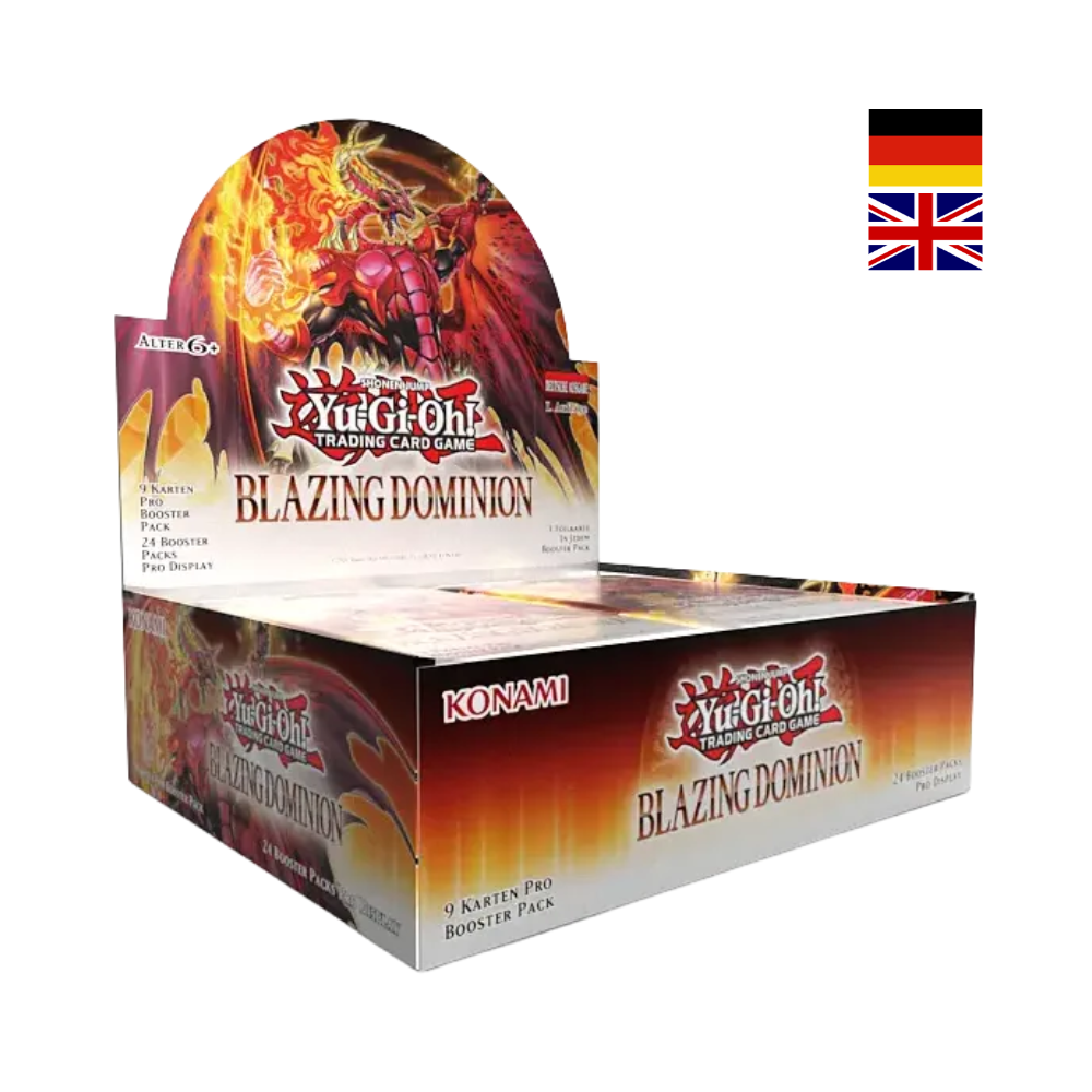 Yu-Gi-Oh Blazing Dominion Booster Display 1. Auflage deutsch und englisch, Konami Display Box mit 24 Booster Packs und Drachenmotiv