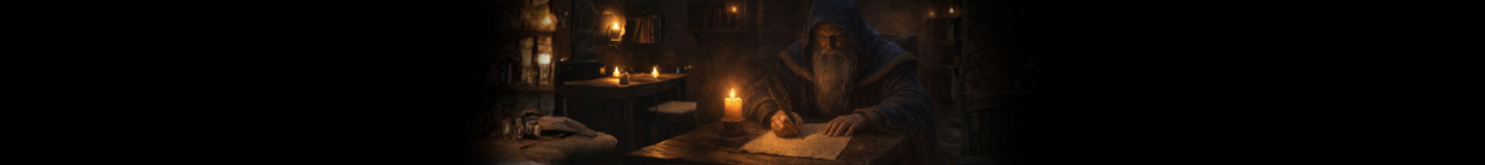 Mittelalterlicher Magier sitzt an Holztisch und schreibt mit Feder und Tinte auf Pergament, beleuchtet von Kerzenlicht in dunkler, historischer Atmosphäre.