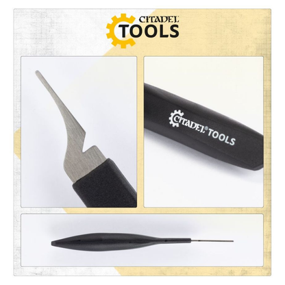 Detailansichten des Citadel Tools Gussgratenentferners (66-65) mit Klinge, Griff und schlanker Bauform für Miniaturen.