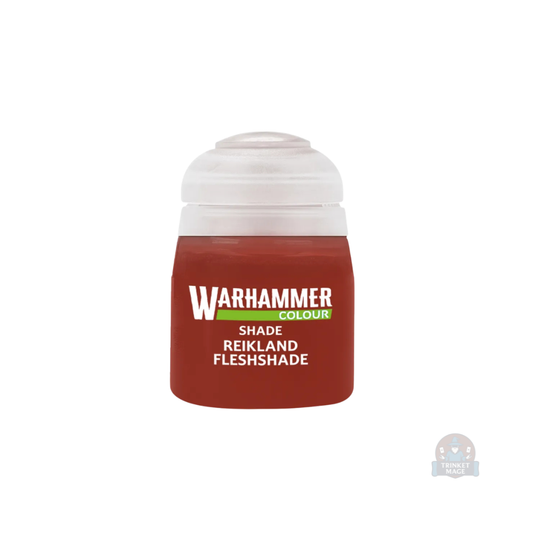 Citadel Shade Reikland Fleshshade Farbtopf mit Shade-Farbe für das Schattieren von Warhammer-Miniaturen.