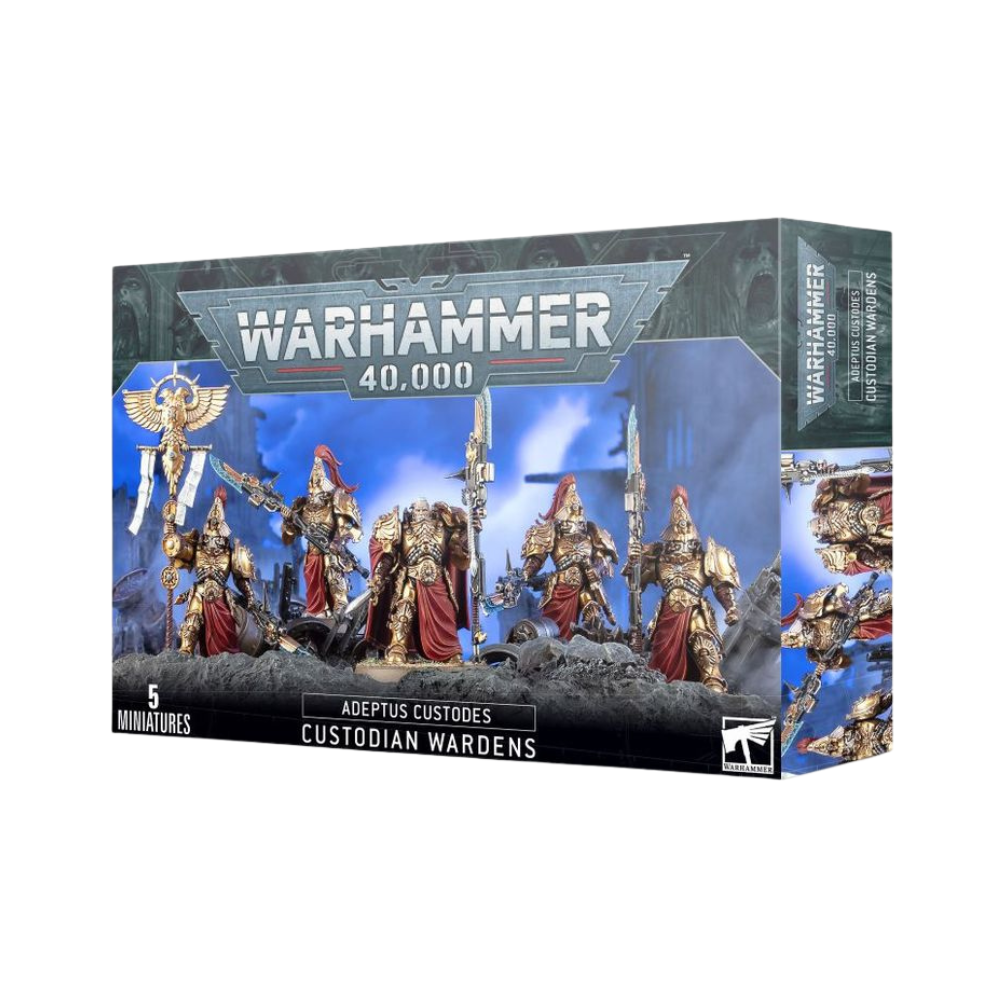 Warhammer 40k Adeptus Custodes Custodian Wardens Miniaturen Set Box und bemalte goldene Elitekrieger mit Speeren auf Bases