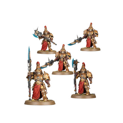 Warhammer 40k Adeptus Custodes Custodian Wardens Miniaturen Set Box und bemalte goldene Elitekrieger mit Speeren auf Bases