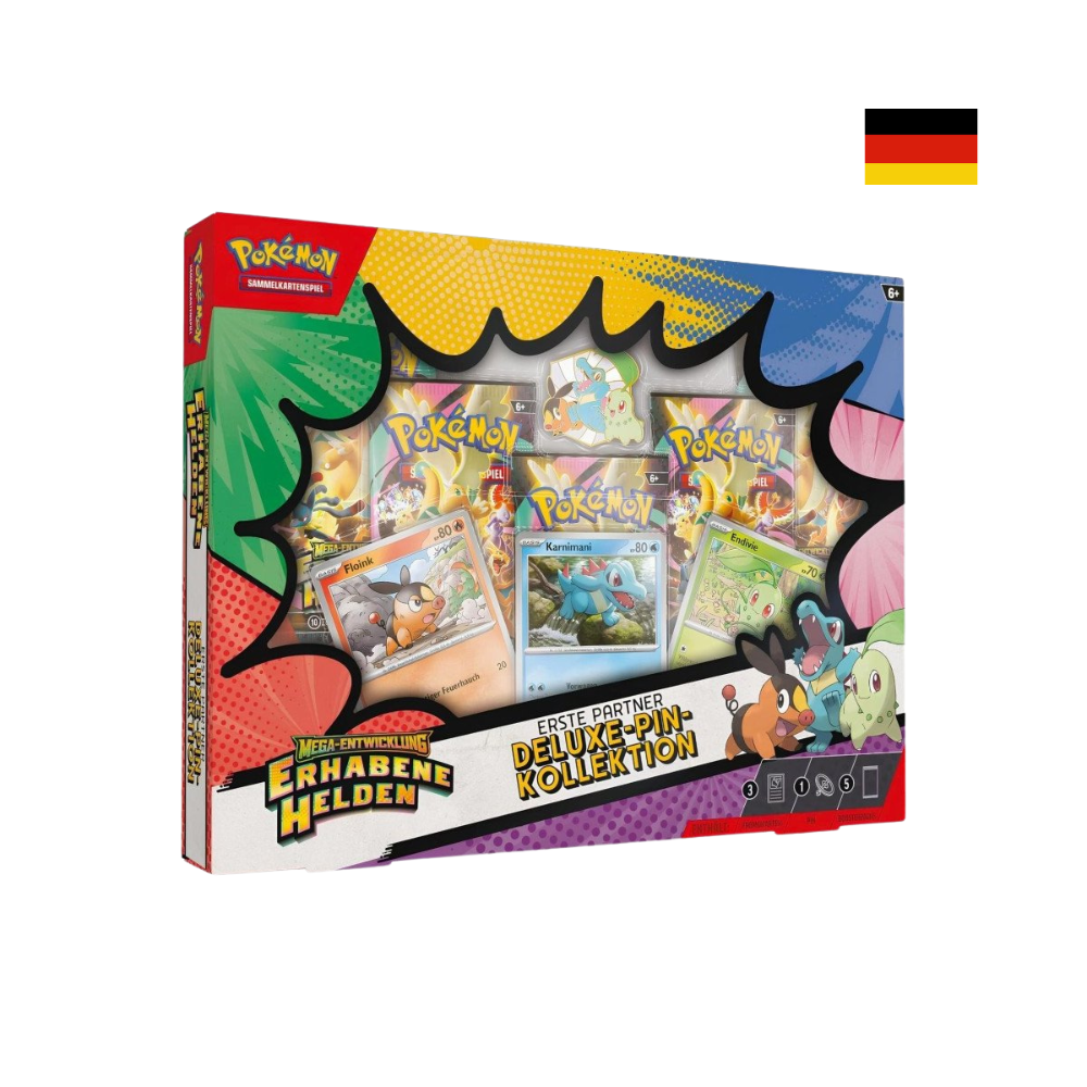 Pokémon Erste Partner Deluxe-Pin-Kollektion Erhabene Helden mit Promokarten Floink, Karnimani und Endivie sowie Boosterpacks, deutsche Version