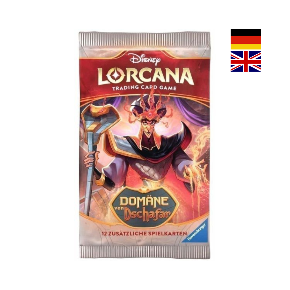 Disney Lorcana Booster „Domäne von Dschafar“ – Produktbild des Einzelboosters mit Jafar-Artwork, 12 zusätzlichen Spielkarten, deutsch/englisch markiert. Offizielles Ravensburger TCG Boosterpack.