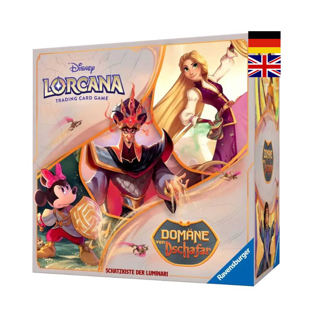 Disney Lorcana „Domäne von Dschafar – Schatzkiste der Luminari“ Produktbild mit Jafar, Rapunzel und Minnie auf der Box; deutsch/englisch Version. Hochwertige Sammelbox für Lorcana Karten und Zubehör.