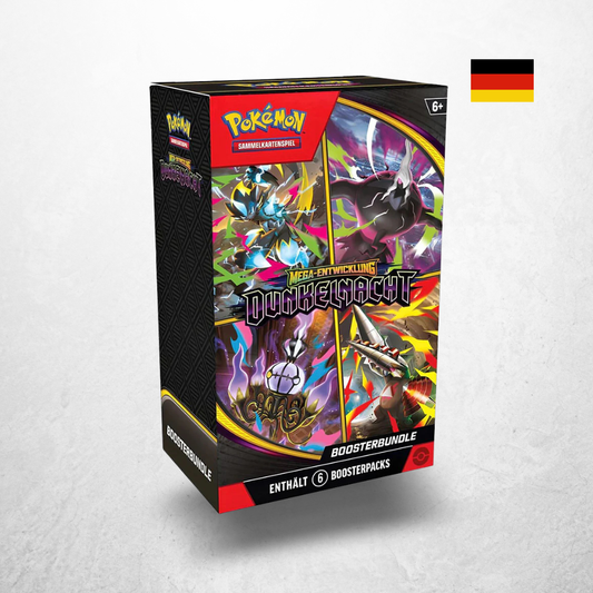 Pokémon Dunkelnacht Booster Bundle der Erweiterung Mega-Entwicklung in deutscher Sprache mit sechs Boosterpacks in der Produktverpackung.