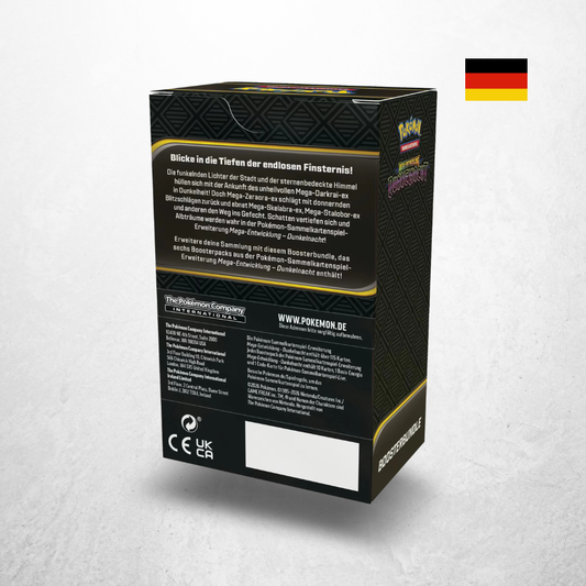 Rückseite des Pokémon Dunkelnacht Booster Bundle der Erweiterung Mega-Entwicklung in deutscher Sprache mit Produktinformationen und Inhalt.
