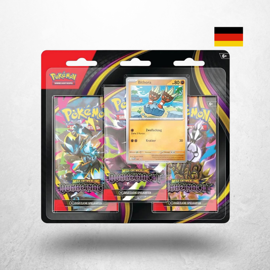 Pokémon Dunkelnacht Blister der Erweiterung Mega-Entwicklung in deutscher Sprache mit drei Boosterpacks und Bithora-Promokarte.