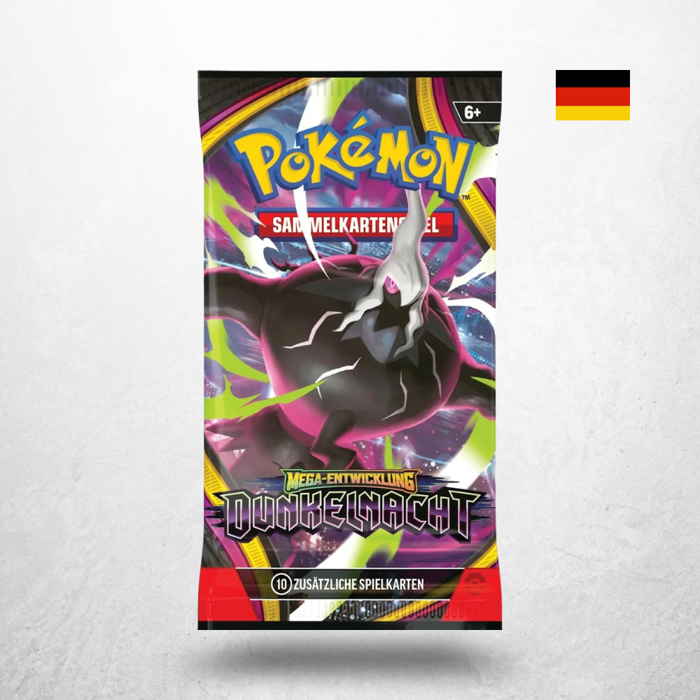 Pokémon Dunkelnacht Booster der Erweiterung Mega-Entwicklung in deutscher Sprache mit Darkrai auf dem Booster-Artwork.