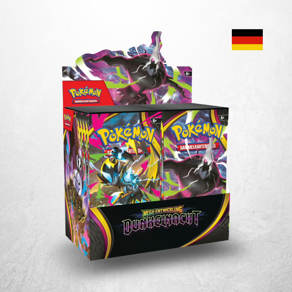 Pokémon Dunkelnacht Booster Display mit 36 deutschen Boosterpacks der Erweiterung Mega-Entwicklung in geöffneter Displaybox.