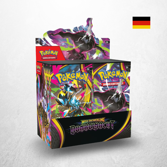 Pokémon Dunkelnacht Booster Display mit 36 deutschen Boosterpacks der Erweiterung Mega-Entwicklung in geöffneter Displaybox.