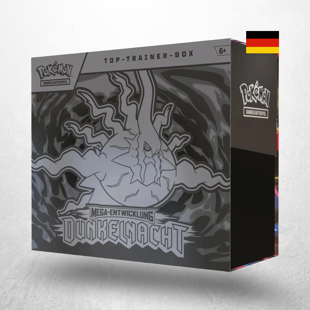 Pokémon Dunkelnacht Top-Trainer-Box der Erweiterung Mega-Entwicklung in deutscher Sprache mit Darkrai-Motiv auf der Verpackung.