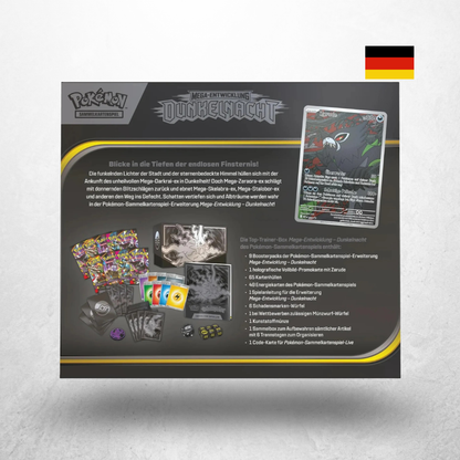 Rückseite der Pokémon Dunkelnacht Top-Trainer-Box in deutscher Sprache mit Übersicht des enthaltenen Zubehörs und Inhalts.