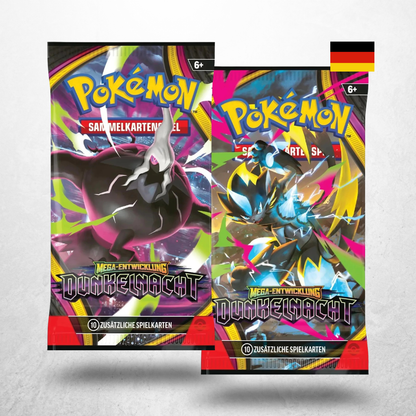 Pokémon Dunkelnacht Booster Display mit zwei deutschen Boosterpacks der Erweiterung Mega-Entwicklung und unterschiedlichen Pack-Artworks.
