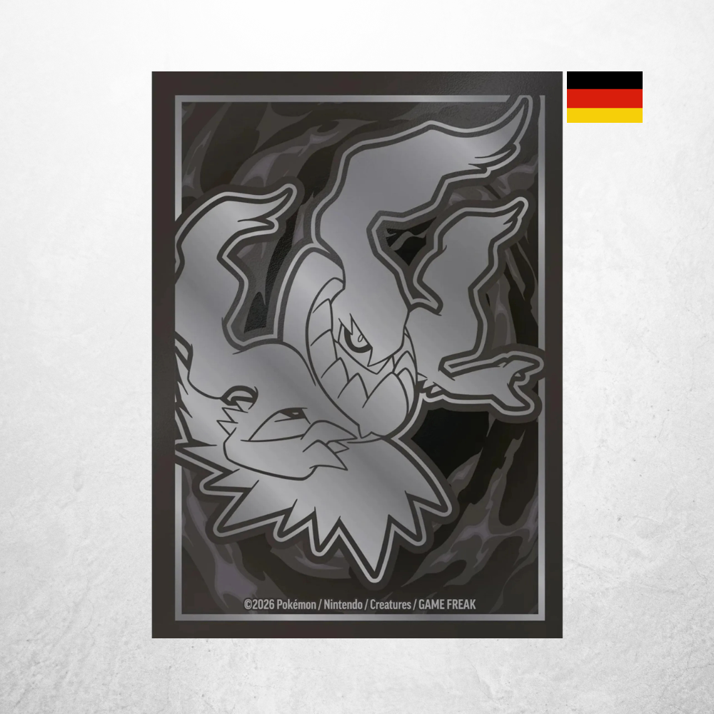 Kartenhüllen der Pokémon Dunkelnacht Top-Trainer-Box mit Darkrai-Motiv aus der Erweiterung Mega-Entwicklung Dunkelnacht.