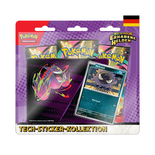 Pokémon Erhabene Helden Tech-Sticker Kollektion Nebulak mit holografischer Promokarte, Tech-Stickerbogen und drei Boostern, deutsch