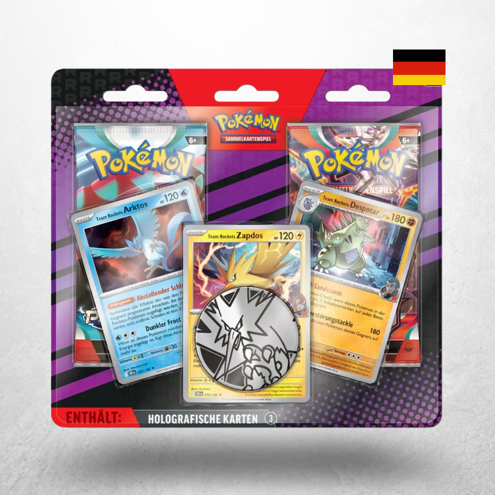 Pokémon Enhanced 2-Pack Blister auf Deutsch mit Team Rockets Zapdos, Arktos und Despotar Promokarten, zwei Boosterpacks und Sammlermünze