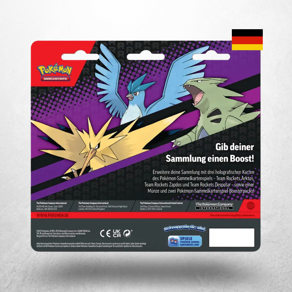 Rückseite des Pokémon Enhanced 2-Pack Blisters auf Deutsch mit Produktinformationen zu Team Rockets Zapdos, Arktos und Despotar