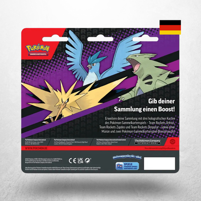Rückseite des Pokémon Enhanced 2-Pack Blisters auf Deutsch mit Produktinformationen zu Team Rockets Zapdos, Arktos und Despotar