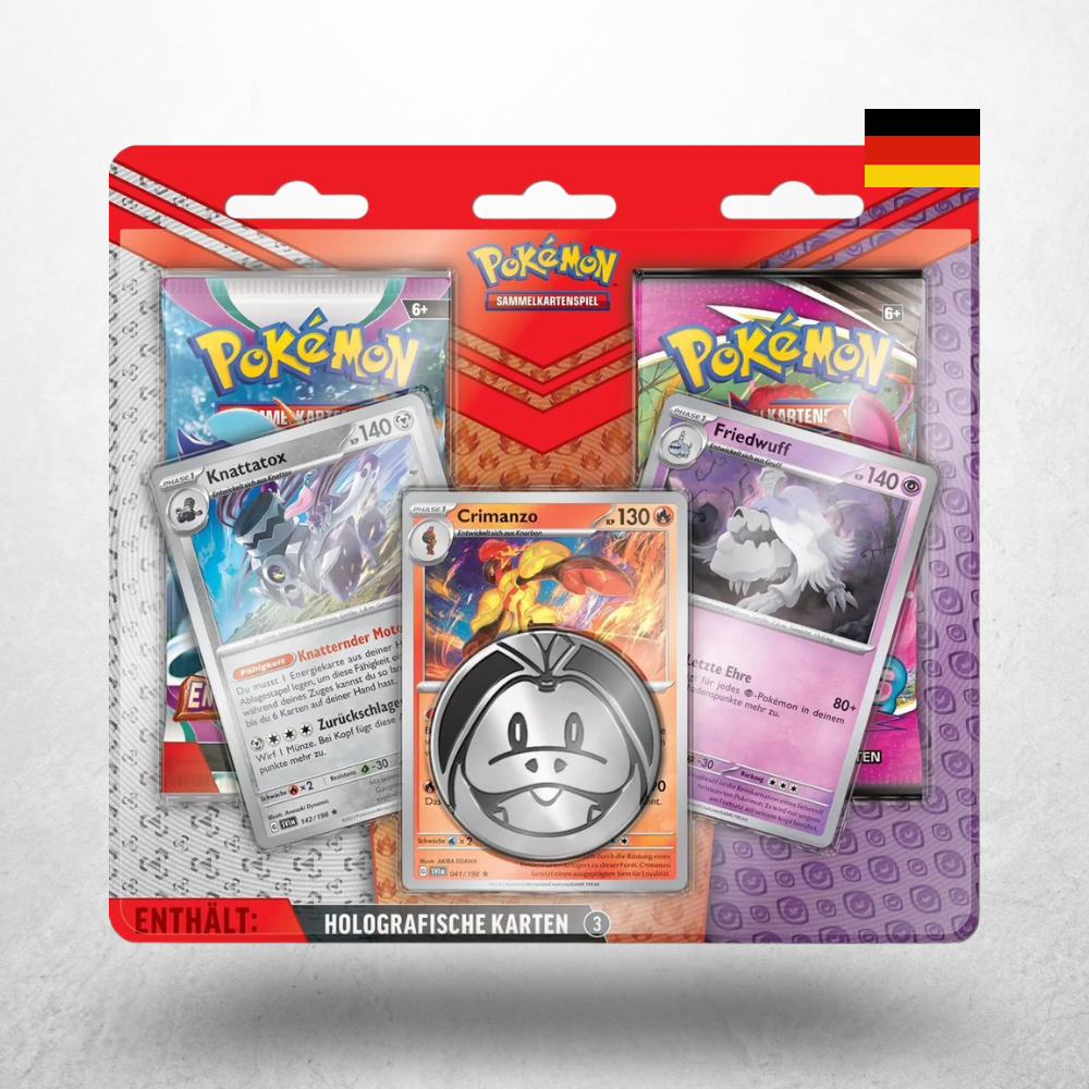 Pokémon Enhanced 2-Pack Blister auf Deutsch mit Knattatox, Crimanzo und Friedwuff Promokarten, zwei Boosterpacks und Sammlermünze