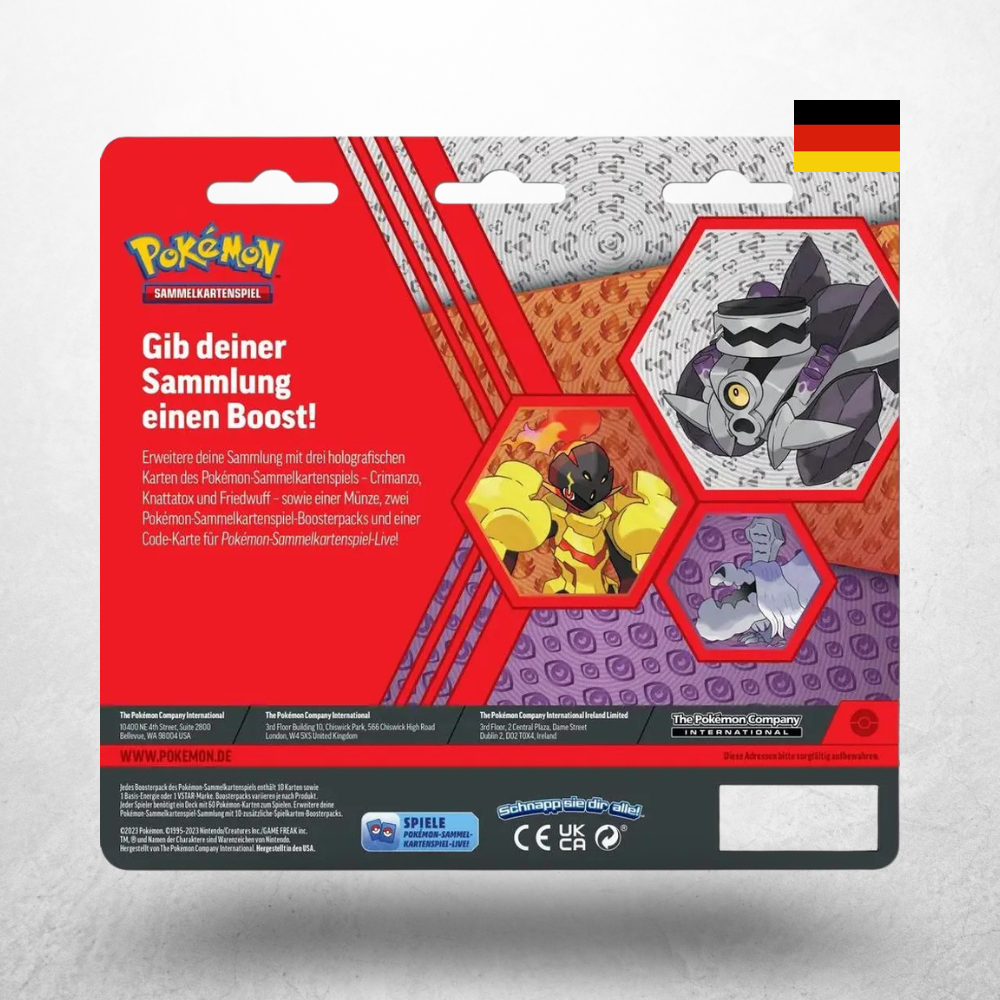 Rückseite des Pokémon Enhanced 2-Pack Blisters auf Deutsch mit Produktinformationen zu Knattatox, Crimanzo und Friedwuff