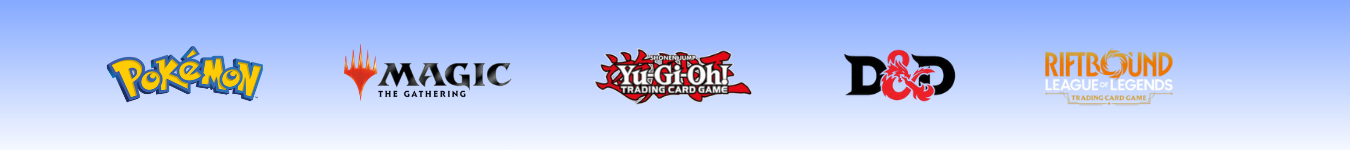 Markenlogos von Pokemon, Magic, Yu-Gi-Oh, Riftbound und Dungeons & Dragons TCG in einer Reihe.