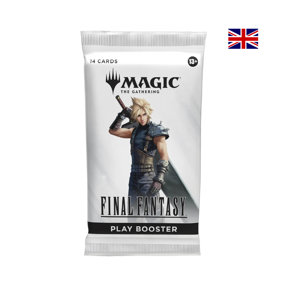 Magic: The Gathering Final Fantasy Play Booster – Produktbild mit Cloud Strife Artwork, englische Version, 14 Karten pro Booster. Offizielles MTG Universes Beyond Boosterpack.