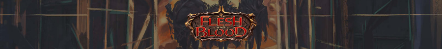 Flesh and Blood Banner mit düsterem Hintergrund und Spiel-Logo in der Mitte