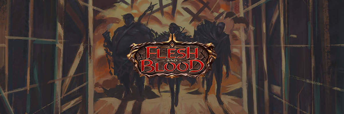 Flesh and Blood Banner mit düsterem Hintergrund und Spiel-Logo in der Mitte