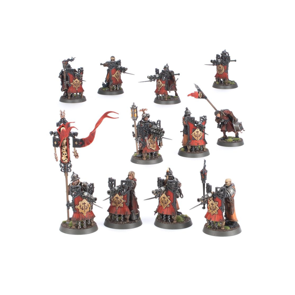 Warhammer Age of Sigmar Freeguild Fusiliers Miniaturen, Cities of Sigmar Einheit mit Bannern, Schilden und Feuerwaffen
