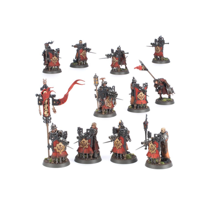 Warhammer Age of Sigmar Freeguild Fusiliers Miniaturen, Cities of Sigmar Einheit mit Bannern, Schilden und Feuerwaffen