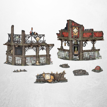 Warhammer Age of Sigmar Spielausstattung: Stadt der Asche (80-58) mit bemalten Geländeteilen.