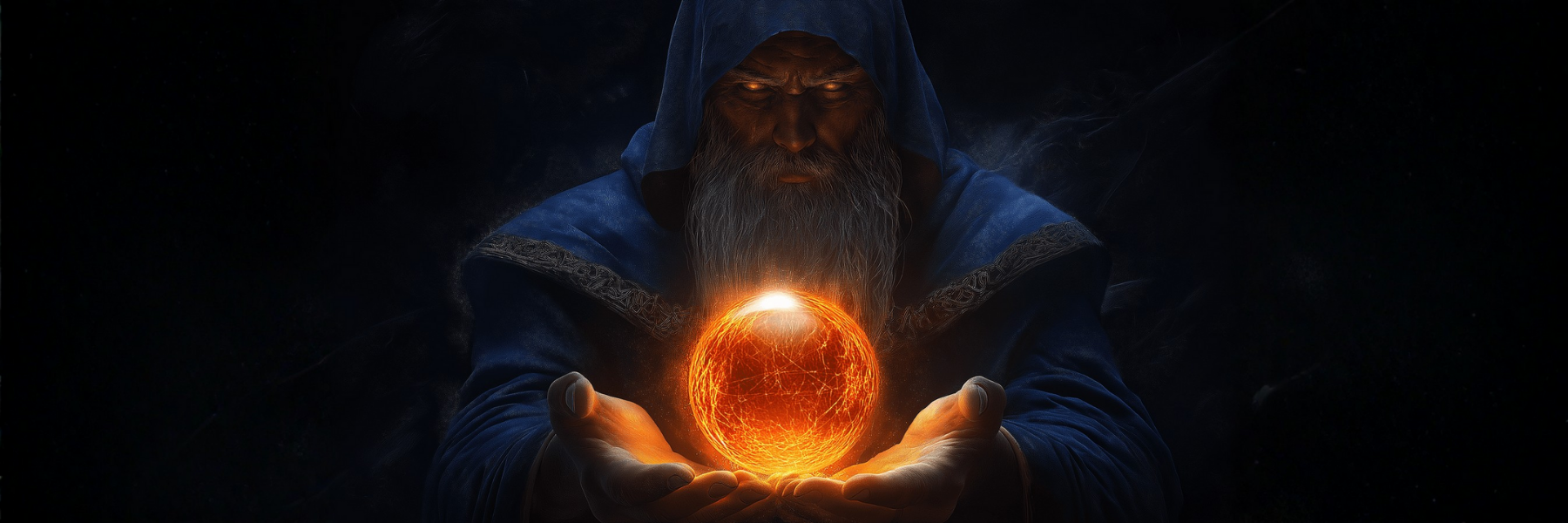 Fantasy-Magier mit langem Bart und blauer Robe hält eine leuchtende, orangeglühende Energiekugel in den Händen. Mystische Darstellung, die magische Kraft und Auswahl symbolisiert – ideal als Visual für einen digitalen Geschenkgutschein.