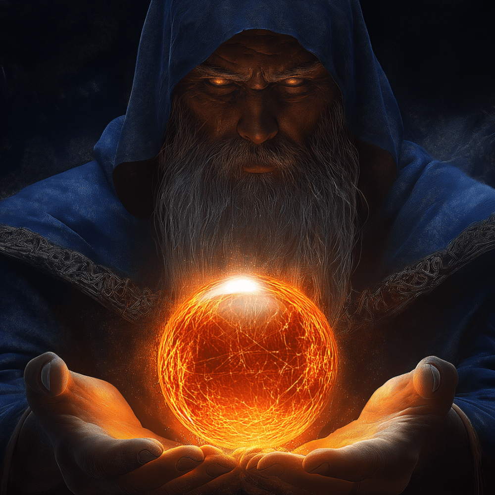 Fantasy-Magier mit langem Bart und blauer Robe hält eine leuchtende, orangeglühende Energiekugel in den Händen. Mystische Darstellung, die magische Kraft und Auswahl symbolisiert – ideal als Visual für einen digitalen Geschenkgutschein.