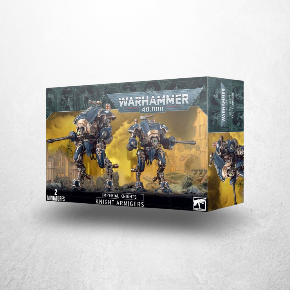 Warhammer 40.000 Imperial Knights: Knappen (54-20) Verpackung mit zwei Knight-Armiger-Miniaturen.